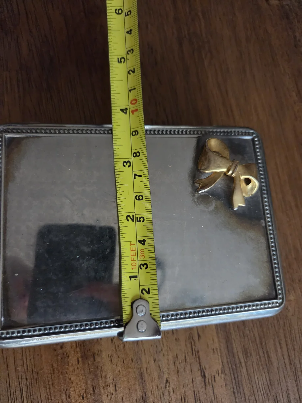 Vintage Silver Tone Jewerly Box with Gold Bow Accent & Mirror